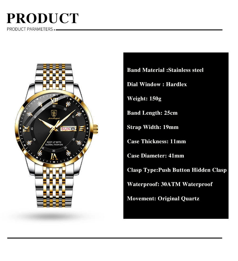 POEDAGAR Men Watches Stainless Steel