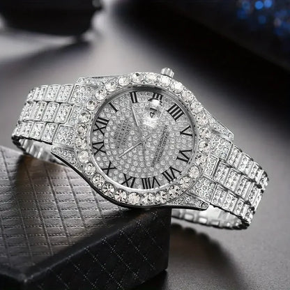 3pcs Necklace+Bracelet+Watch Cuban Chain Watch for Men Hip Hop