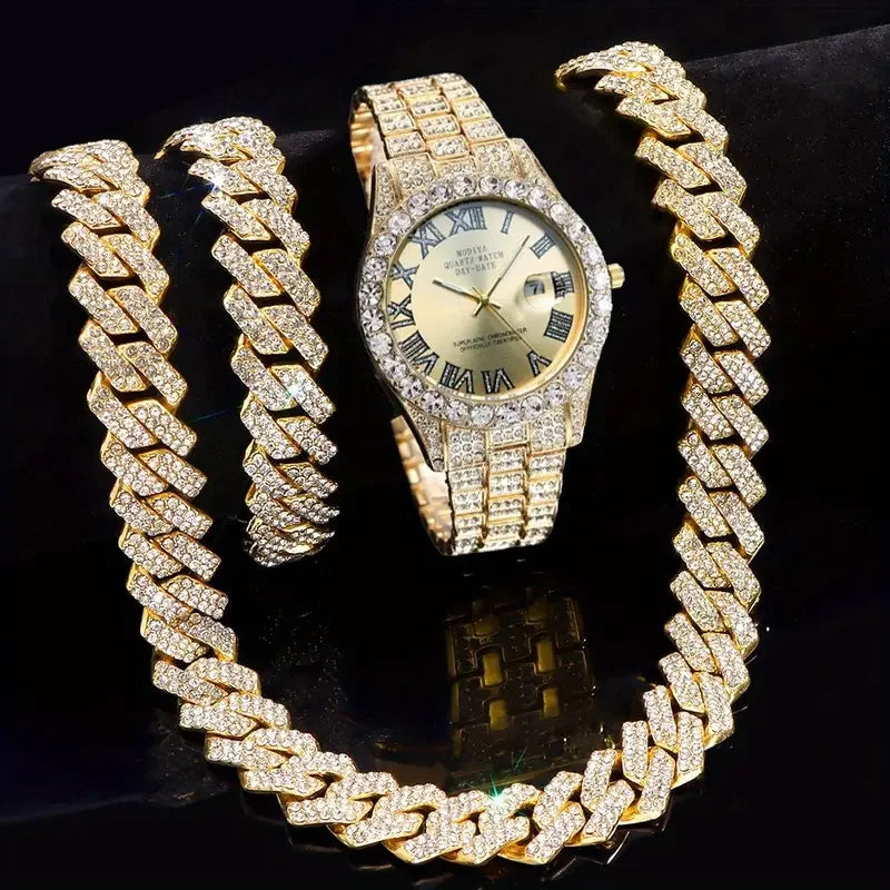 3pcs Necklace+Bracelet+Watch Cuban Chain Watch for Men Hip Hop