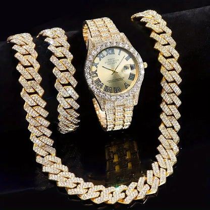 3pcs Necklace+Bracelet+Watch Cuban Chain Watch for Men Hip Hop