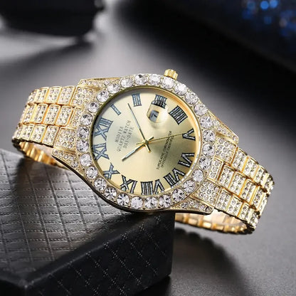 3pcs Necklace+Bracelet+Watch Cuban Chain Watch for Men Hip Hop