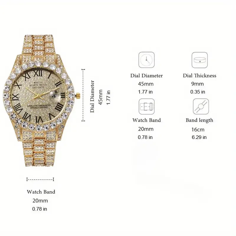 3pcs Necklace+Bracelet+Watch Cuban Chain Watch for Men Hip Hop
