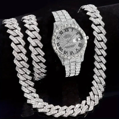 3pcs Necklace+Bracelet+Watch Cuban Chain Watch for Men Hip Hop