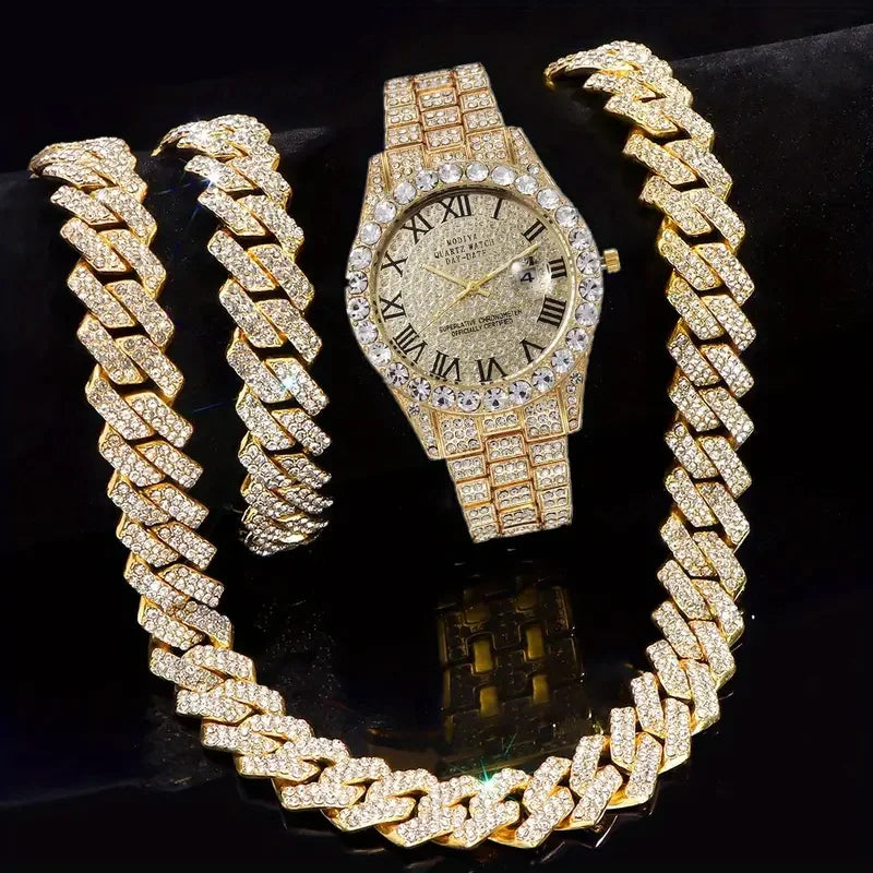 3pcs Necklace+Bracelet+Watch Cuban Chain Watch for Men Hip Hop