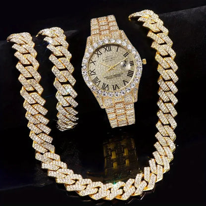 3pcs Necklace+Bracelet+Watch Cuban Chain Watch for Men Hip Hop